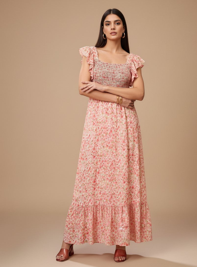 Peach Short Sleeve Square Neck Printed Dress