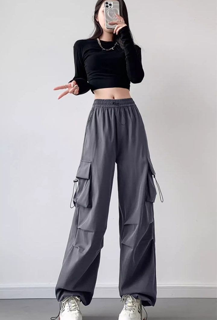 Grey Drawstring Parchute Pin Tucked Cargo Pants