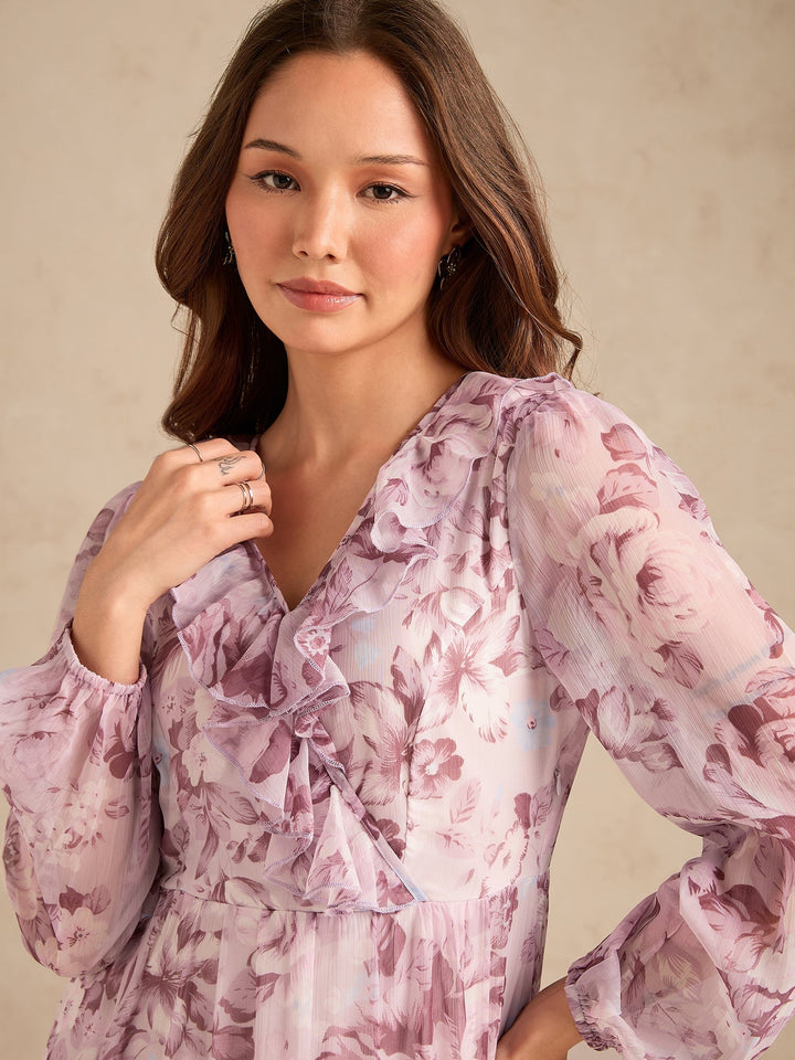 Pink Maxi Length V Length Printed Dress With Tiers