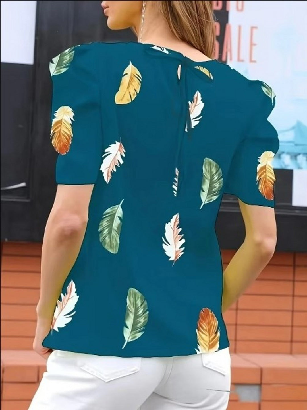 Dark Green Half Puff Sleeves Printed Top