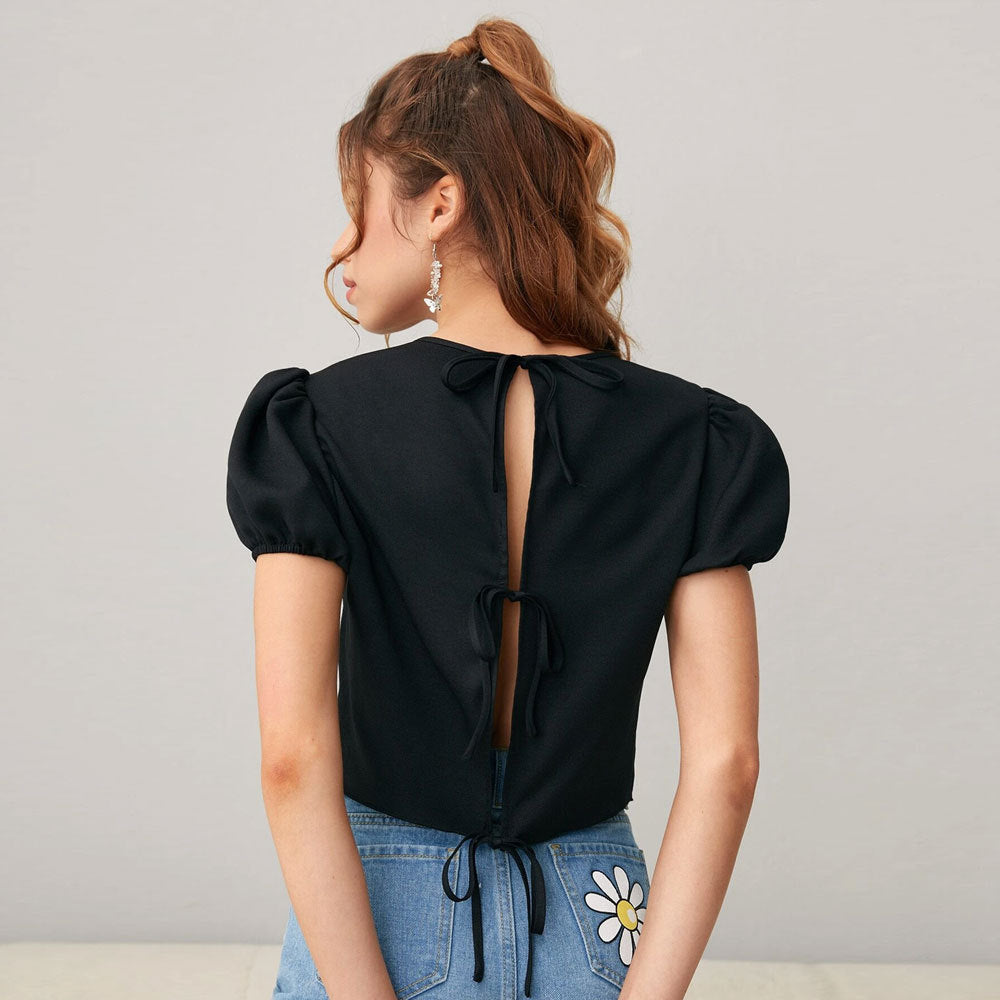Black Puff Sleeve Back Tie-Up Detail Top