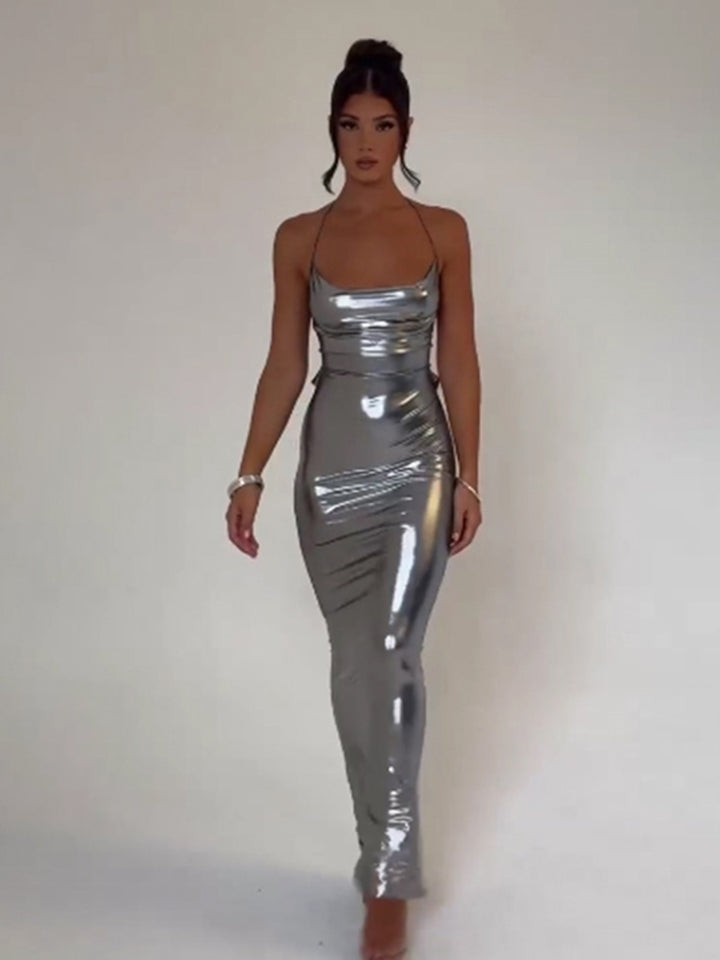 Silver Cowl Neck Low Back Slip Dress