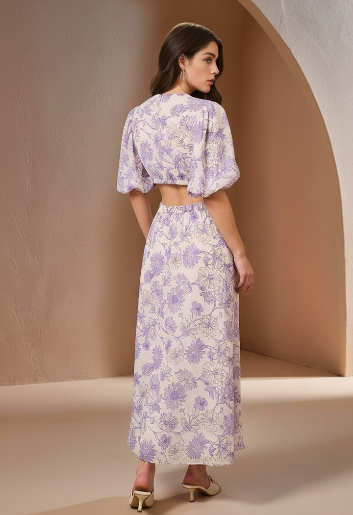 White Short Sleeve Boat Neck Printed Dress