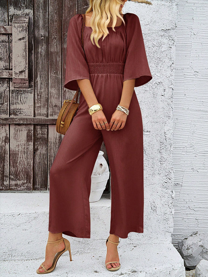 Brown Square Neck Cinched Waist Jumpsuit