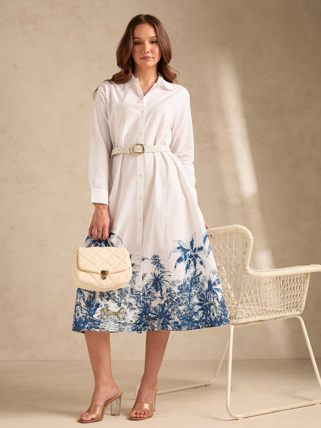 Off White Midi Printed Shirt Dress