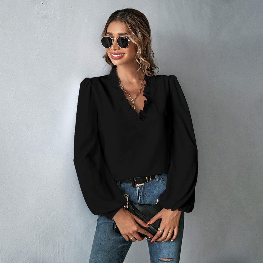 Black Bishop Sleeve Ruffle Hem Top
