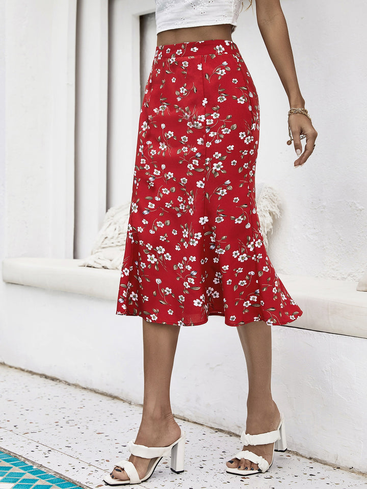 Red Ruffle Bottom Knee Length Skirt