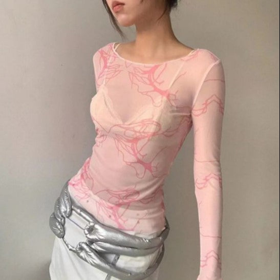 Pink Raw Hem Mesh Top