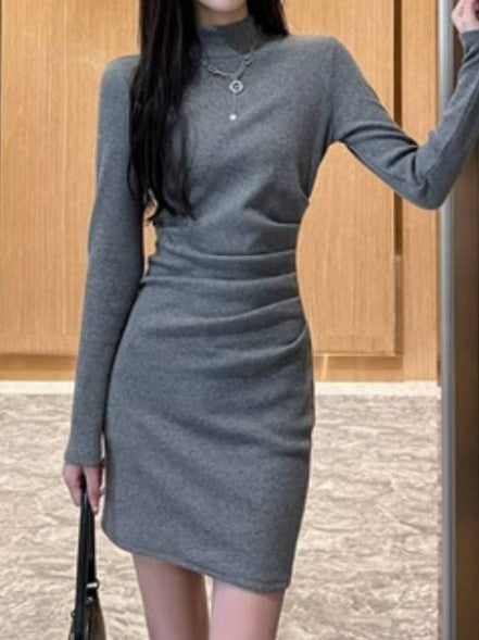 Grey High Neck Side Ruched Mini Dress