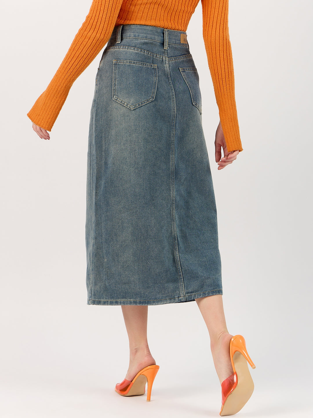 Blue Washed Denim Slit Skirt