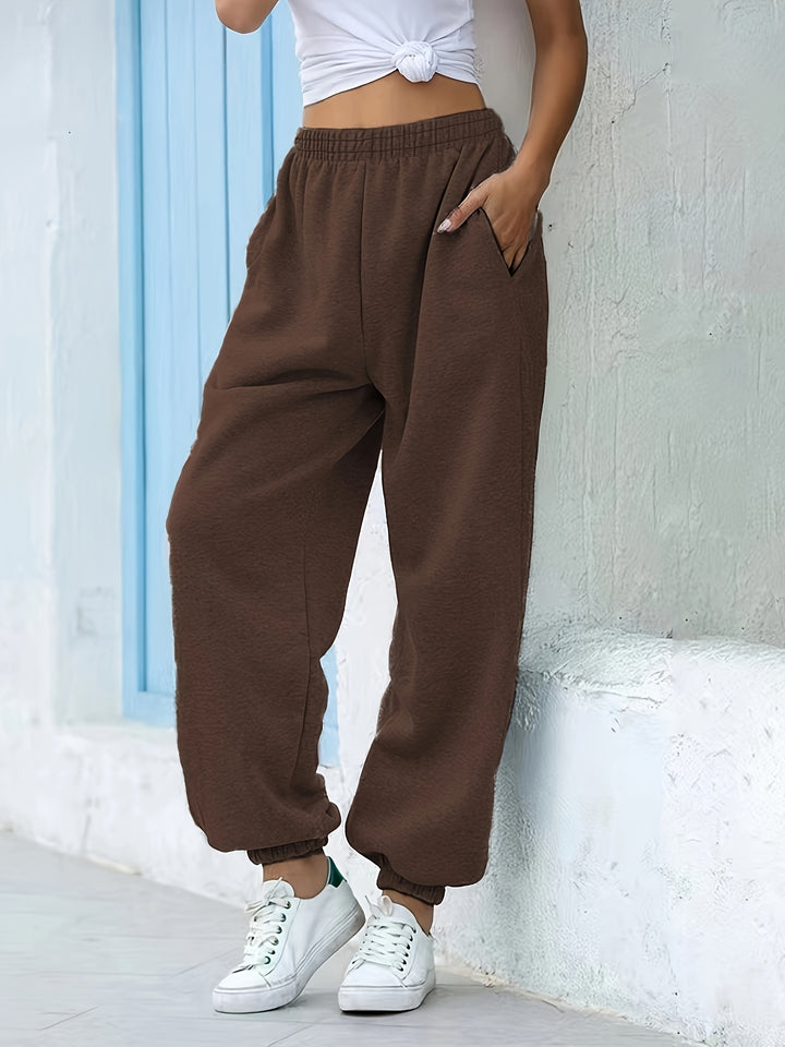 Brown Basic Solid Elasticated Joggers