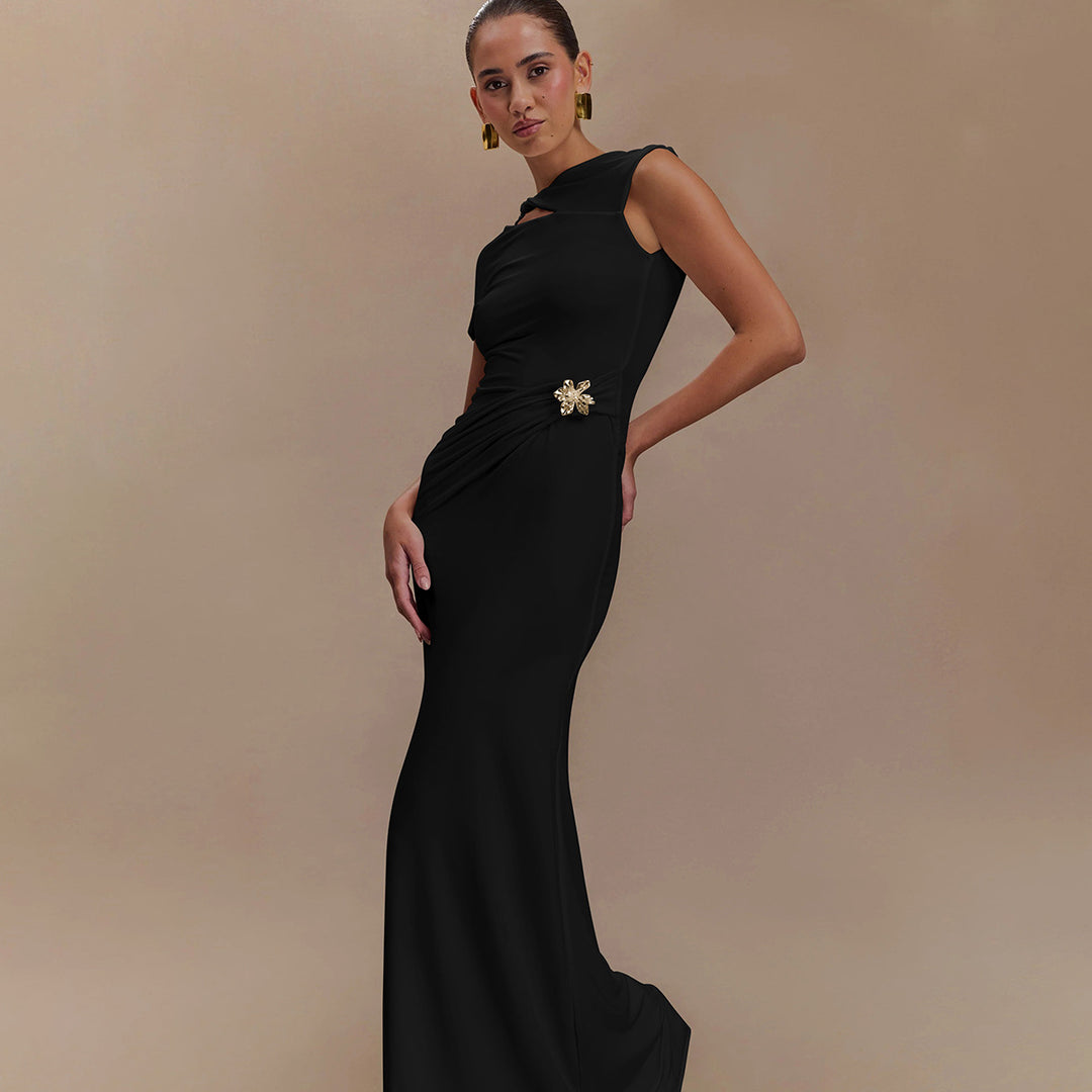 Black Cut-Out Bodycon Maxi Dress With Buckle