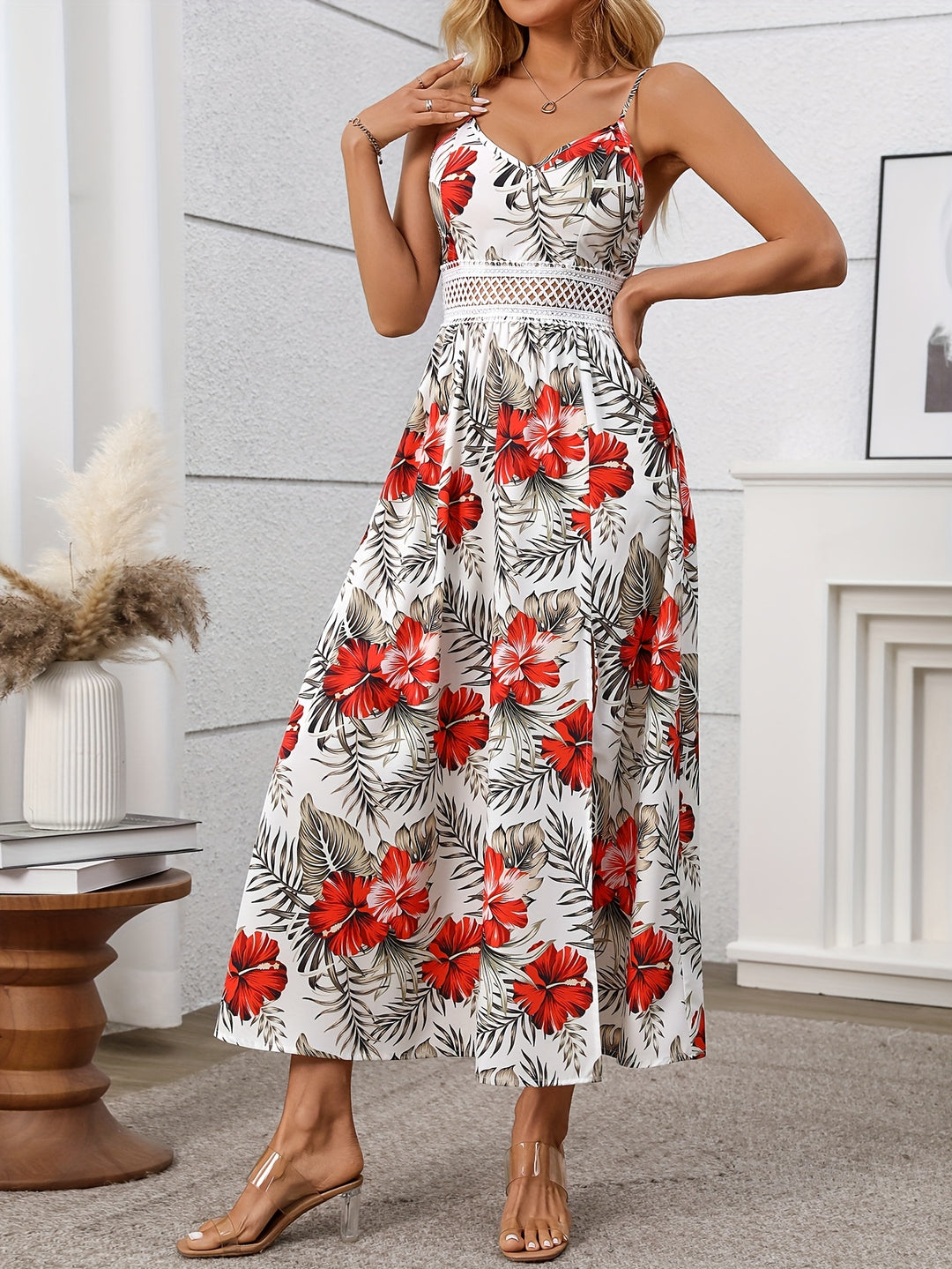 White Strappy Printed Cinched Waist Dress