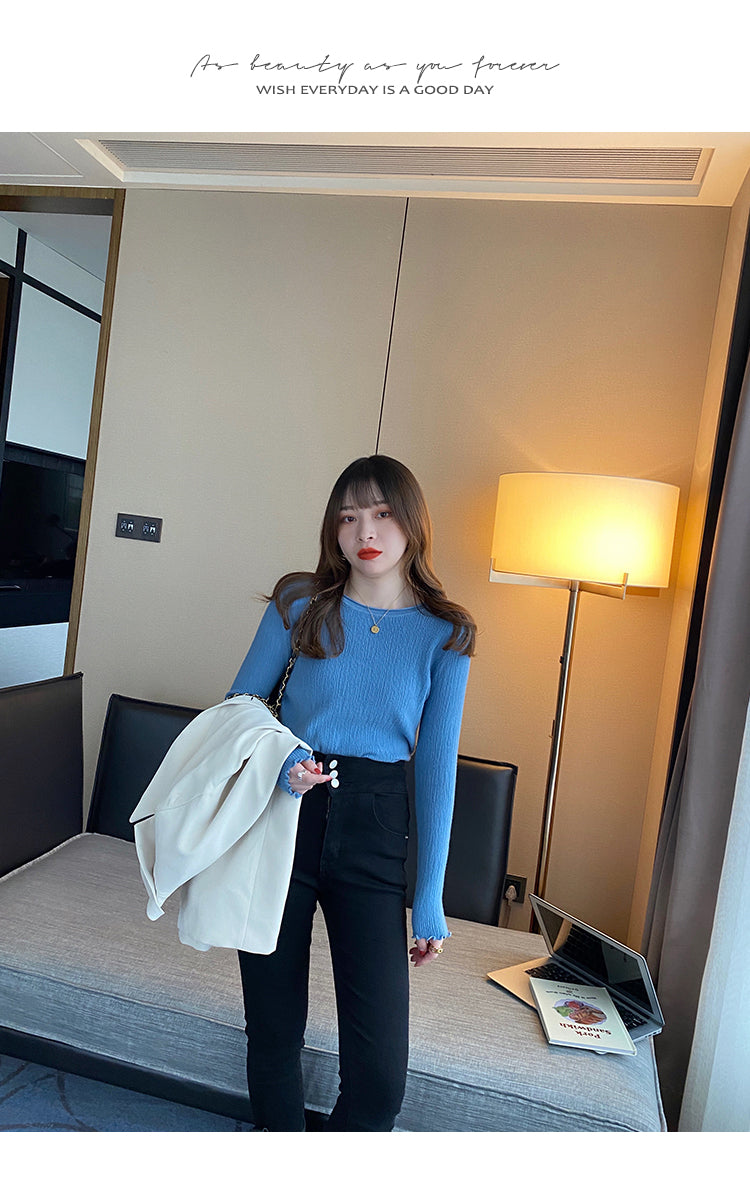 Blue Full Sleeve Scallop Hem Mock Neck Fitted Top