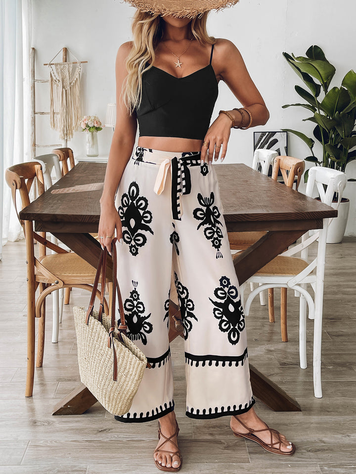 Cream Solid Top And Printed Pant Co-Ord Set