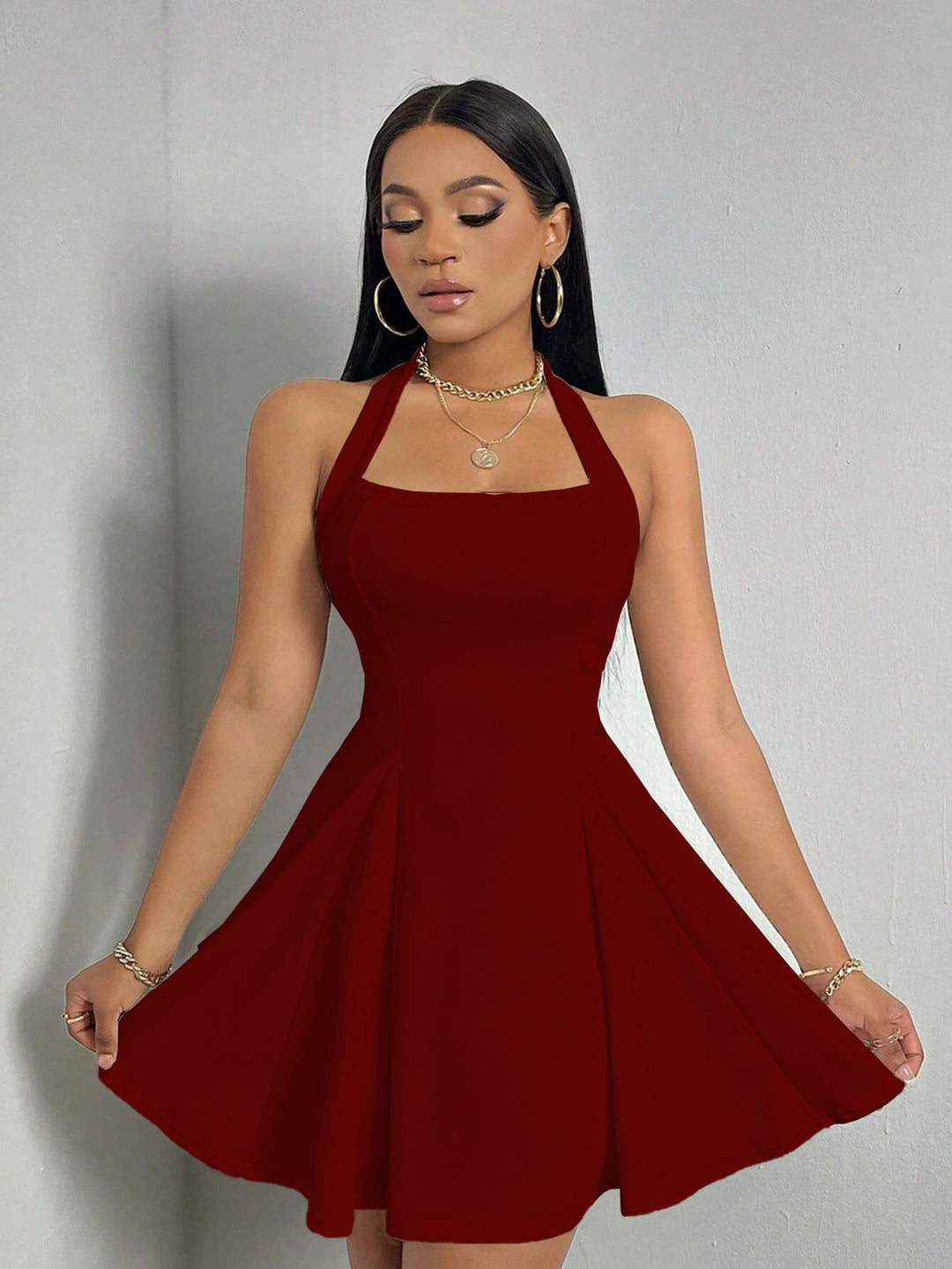 Red Halter Neck Skater Dress