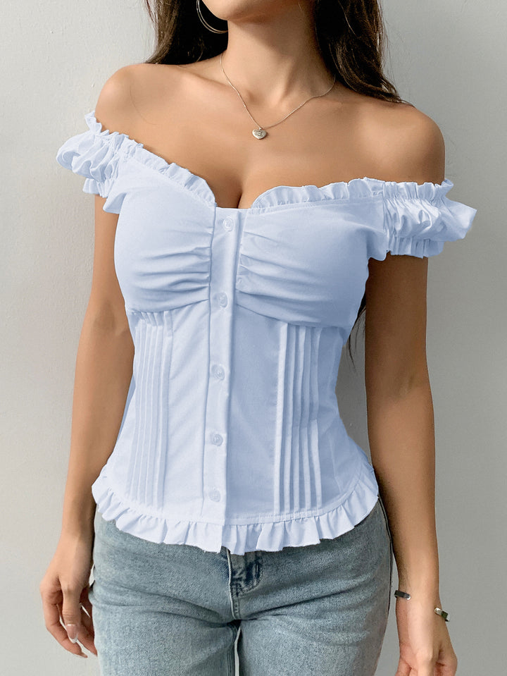 Blue Off Shoulder Front Button Pleated Top