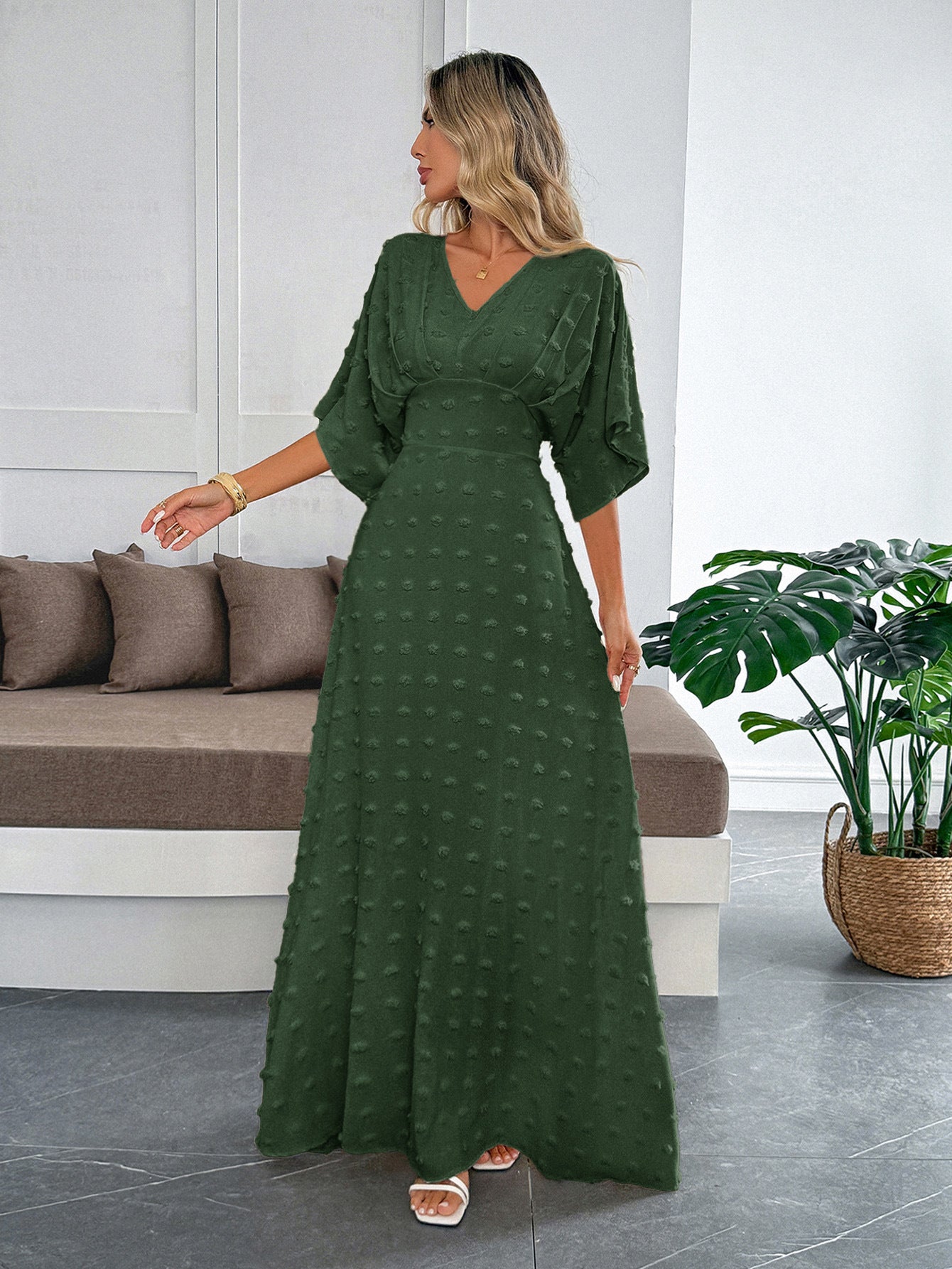 Olive Flare Sleeve V Neck Dress