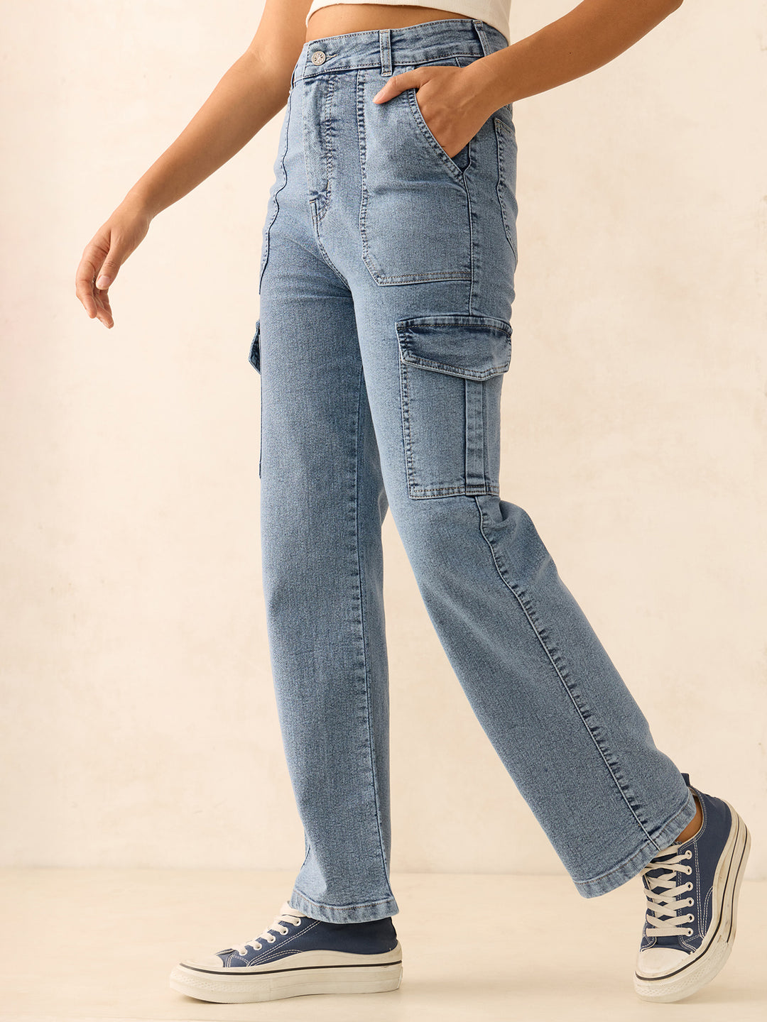 Blue Straight Leg High-Rise Cargos