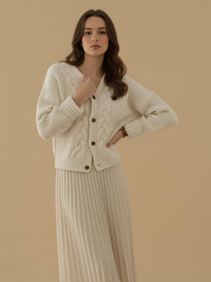 Cream Full Sleeve Front Buttoned Slouchy Cardigan