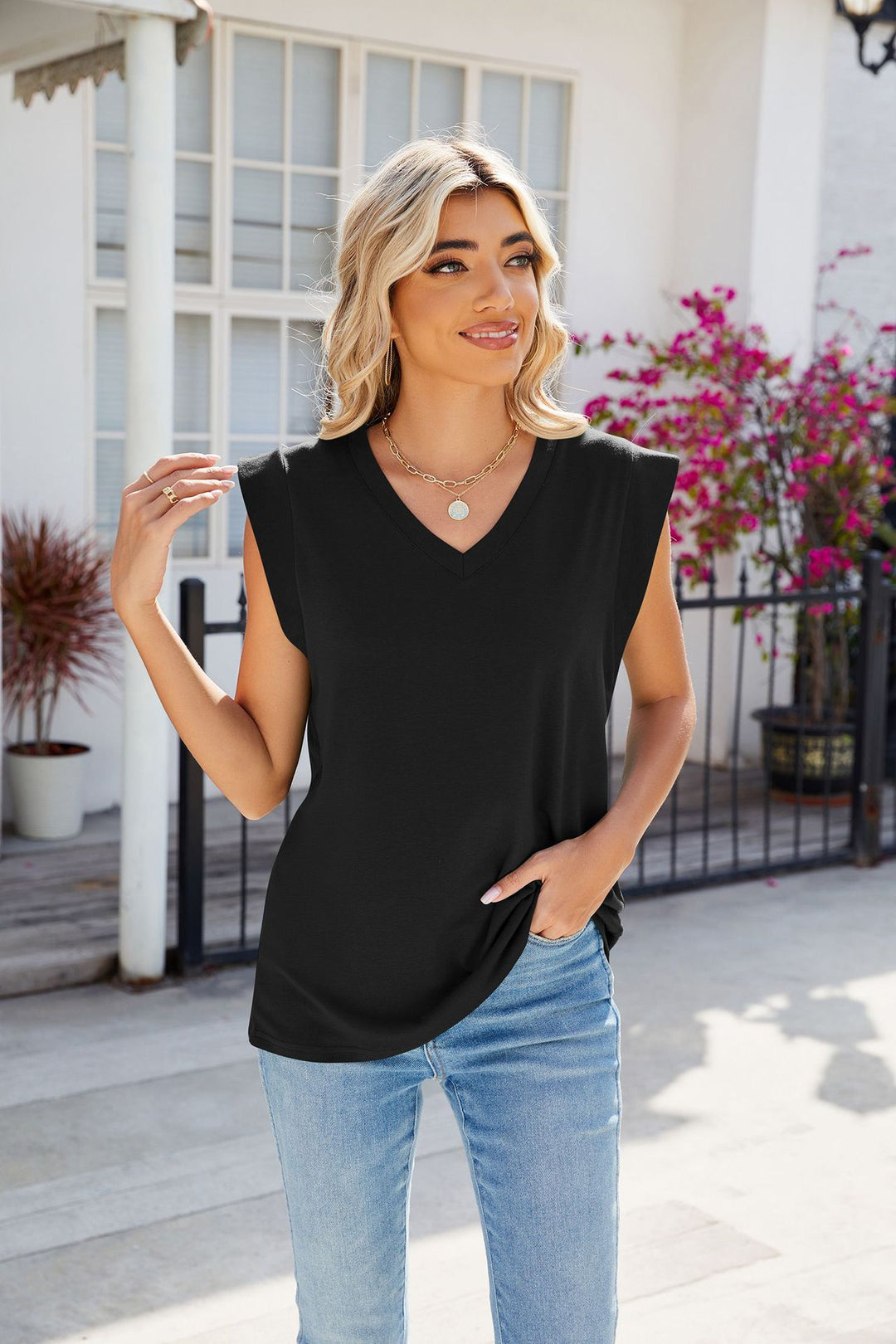 Black Sleeveless V Neck Top