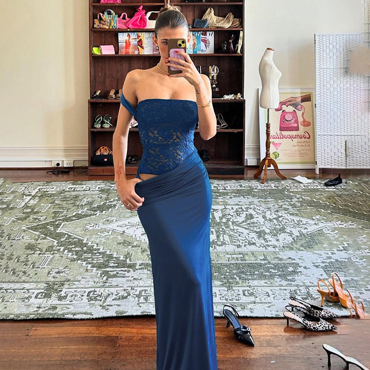 Blue Fitted Lace With Gathered Dress