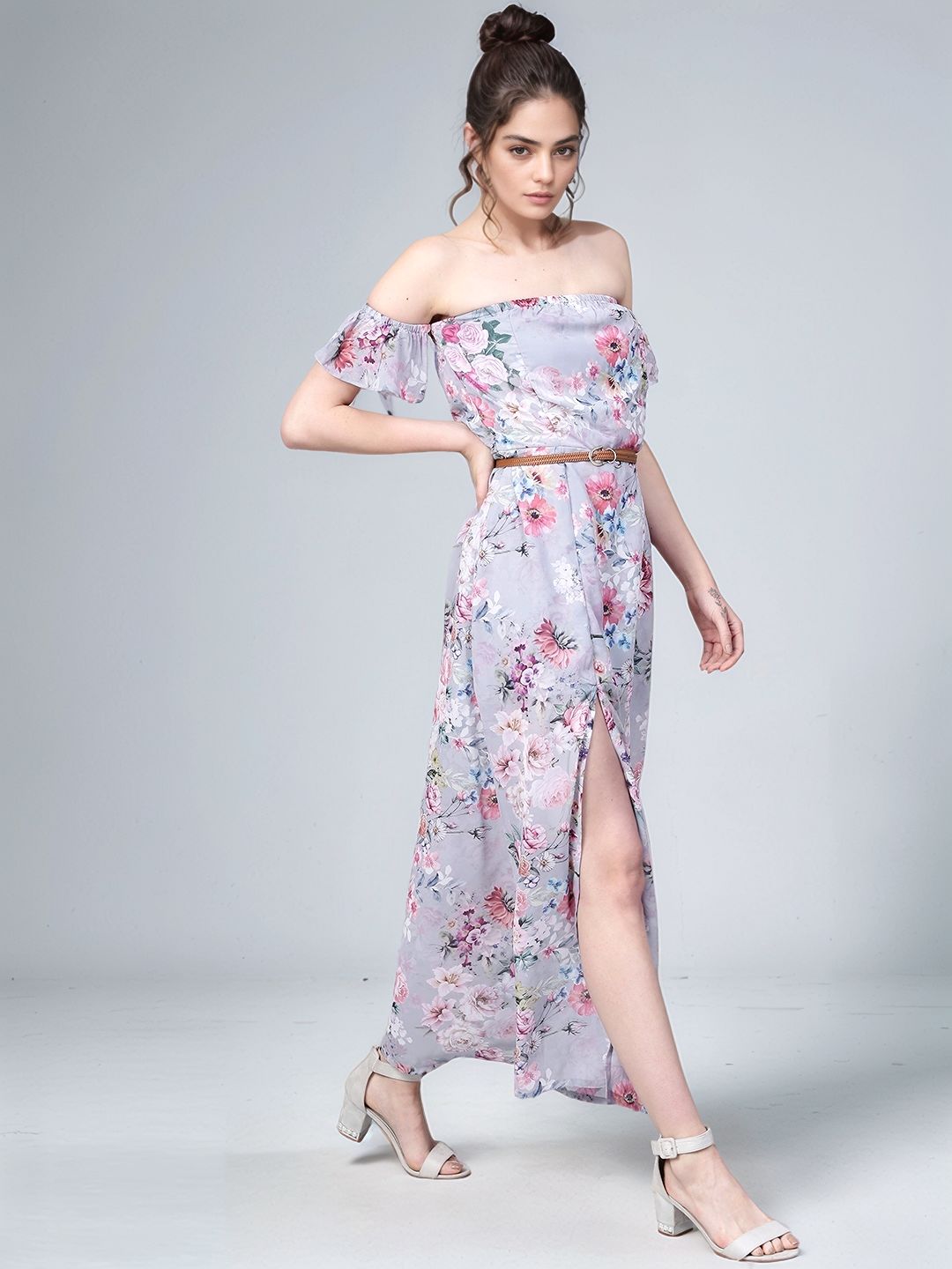 Grey Off Shoulder Front Slit Printed Dress