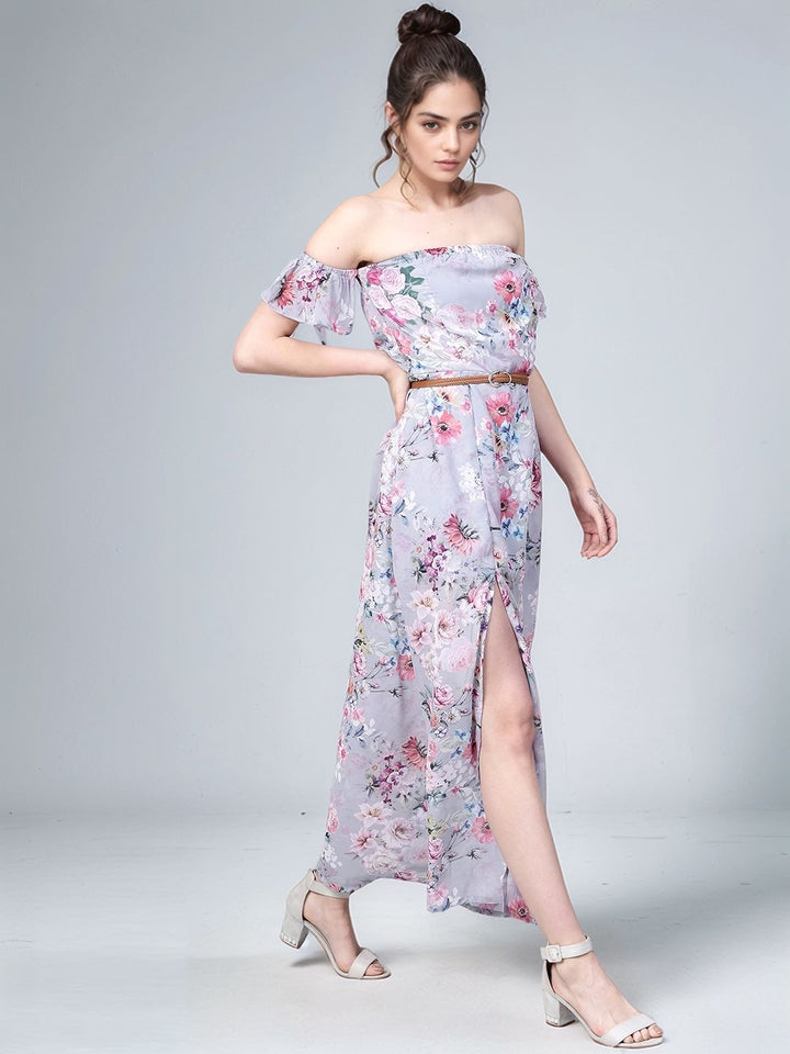 Grey Off Shoulder Front Slit Printed Dress