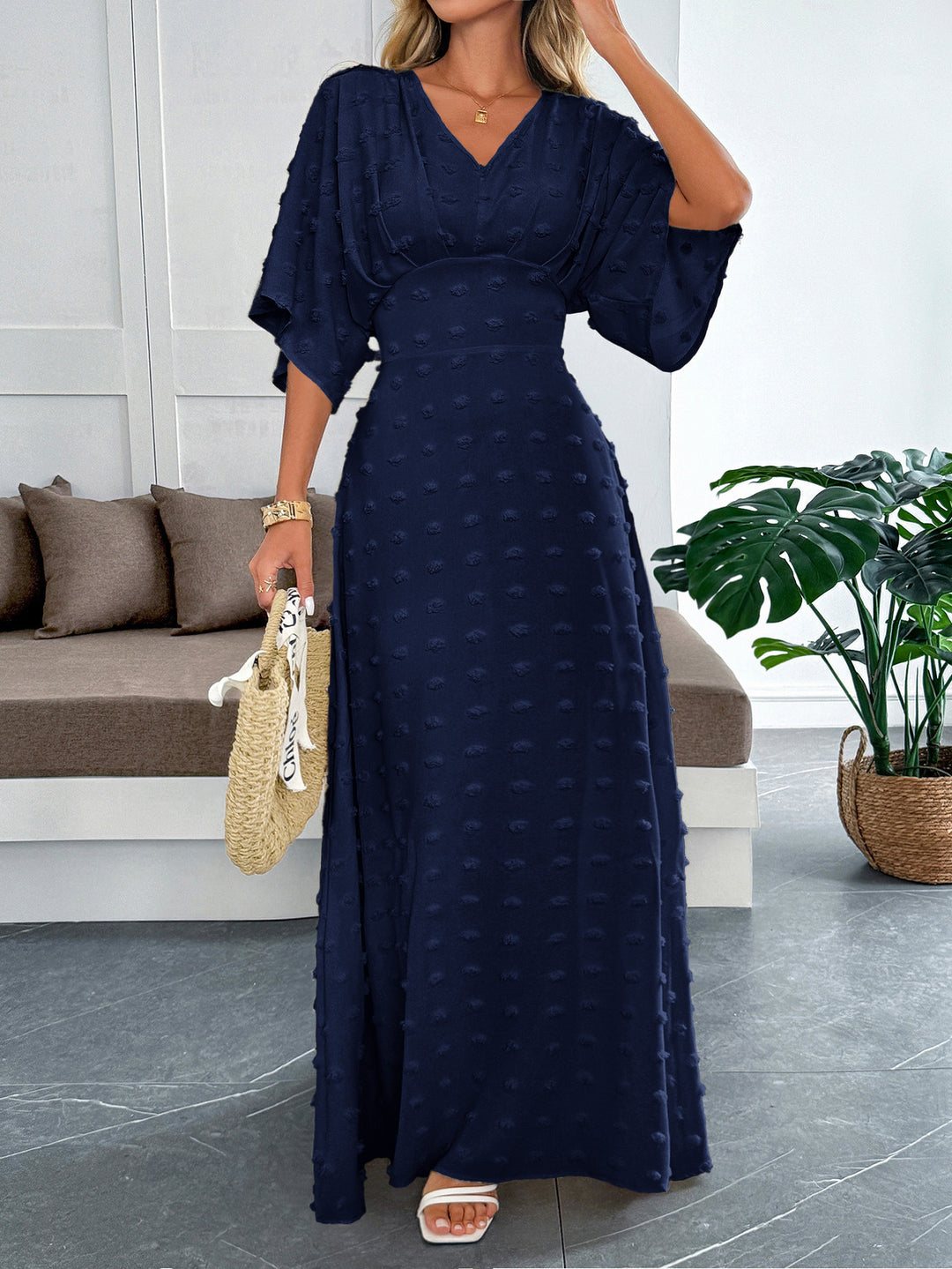 Navy Blue Flare Sleeve V Neck Dress