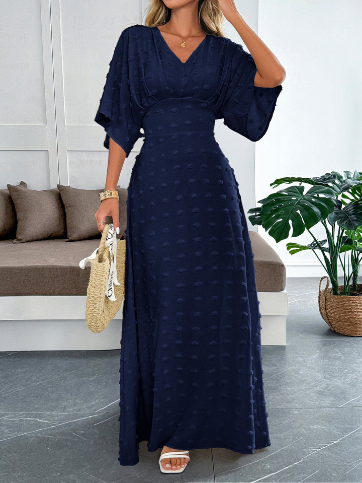 Navy Blue Flare Sleeve V Neck Dress