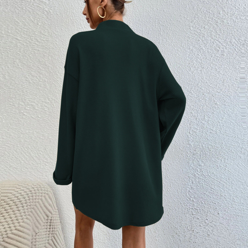 Green Folded Hem Sleeve Collared Dress