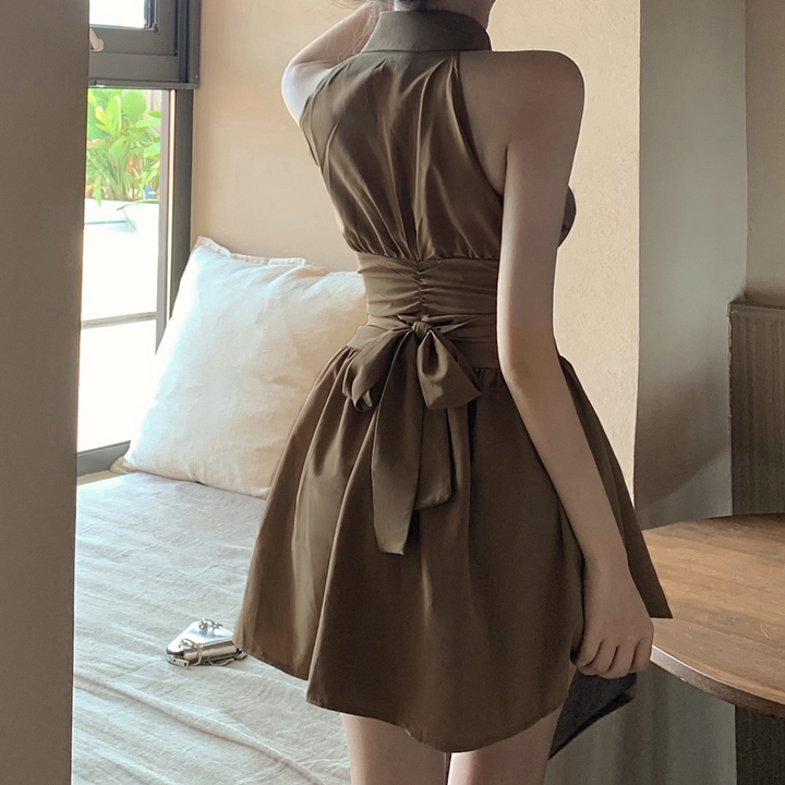 Brown Waist Tie Up A-Line Shirt Dress