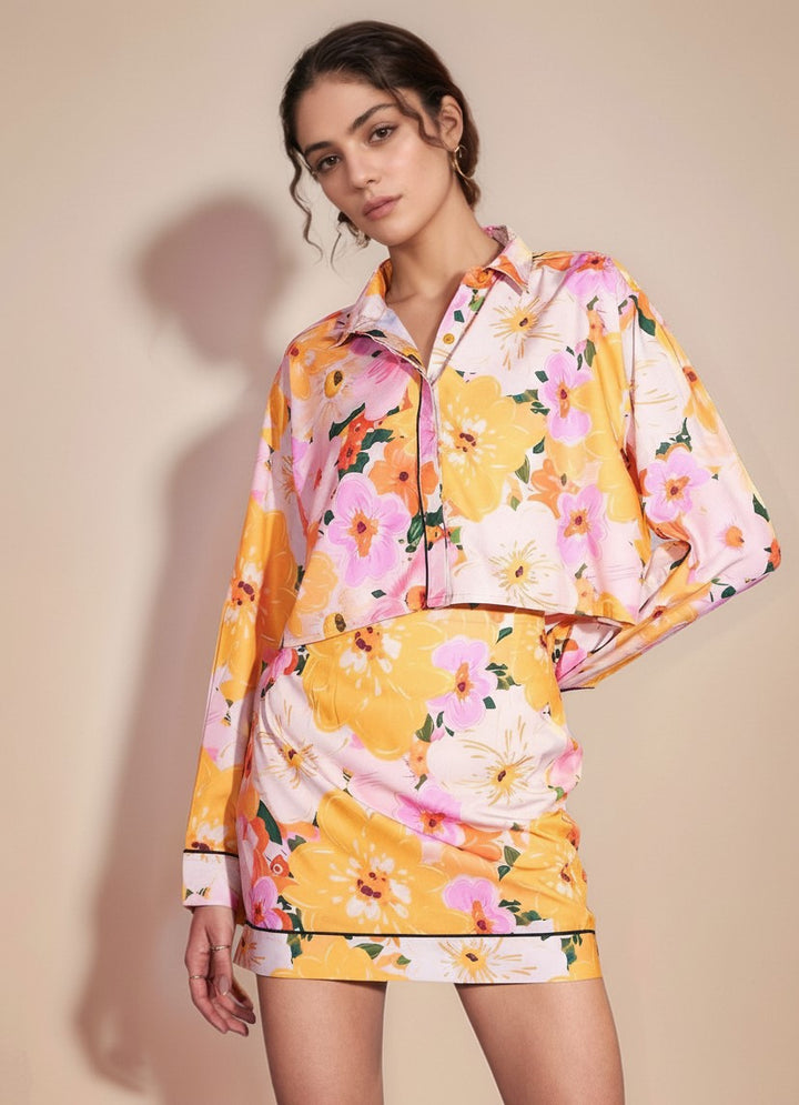 Yellow Full Sleeve Collared Neck Printed Shirt And Skirt Set