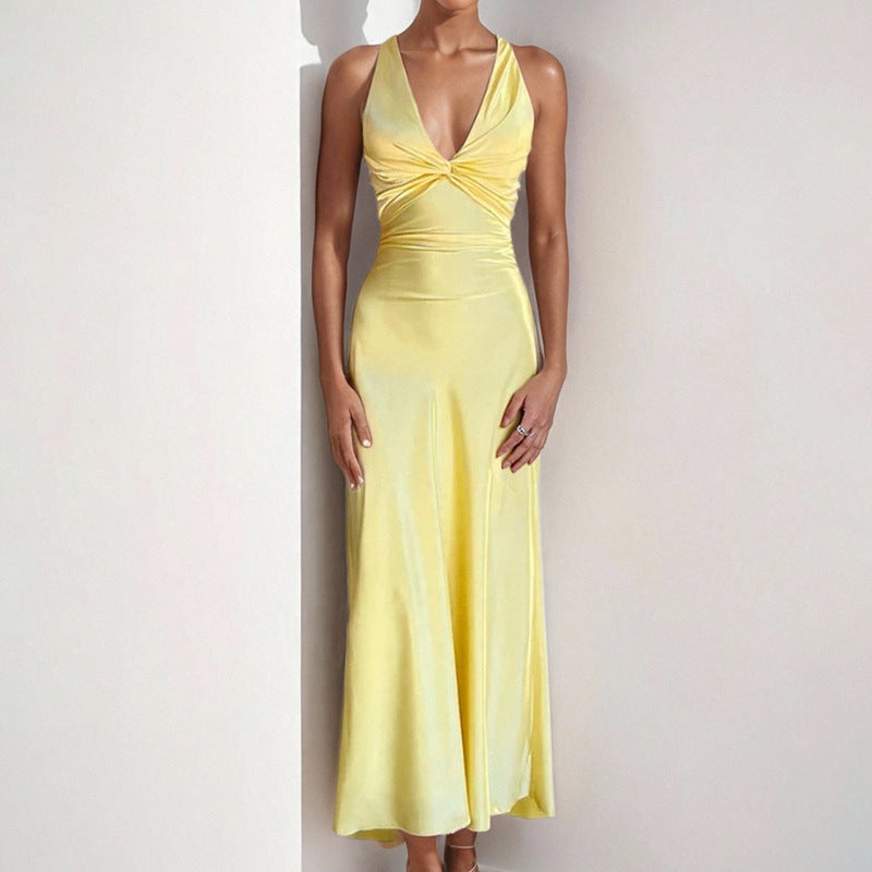 Yellow Solid Halter Fish Tail Evening Dress