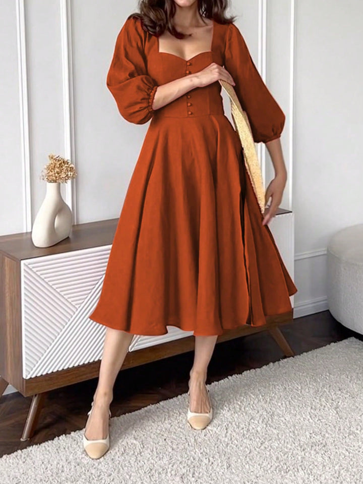 Brown Puff Sleeve Sweetheart Neck Dress