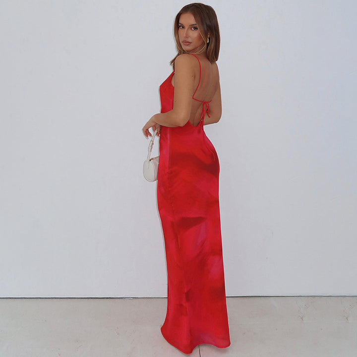 Red Spaghetti Strap Printed Bodycon Maxi Dress