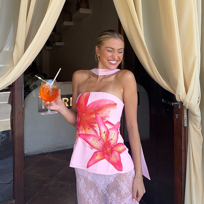 Pink Printed Halter Neck Top
