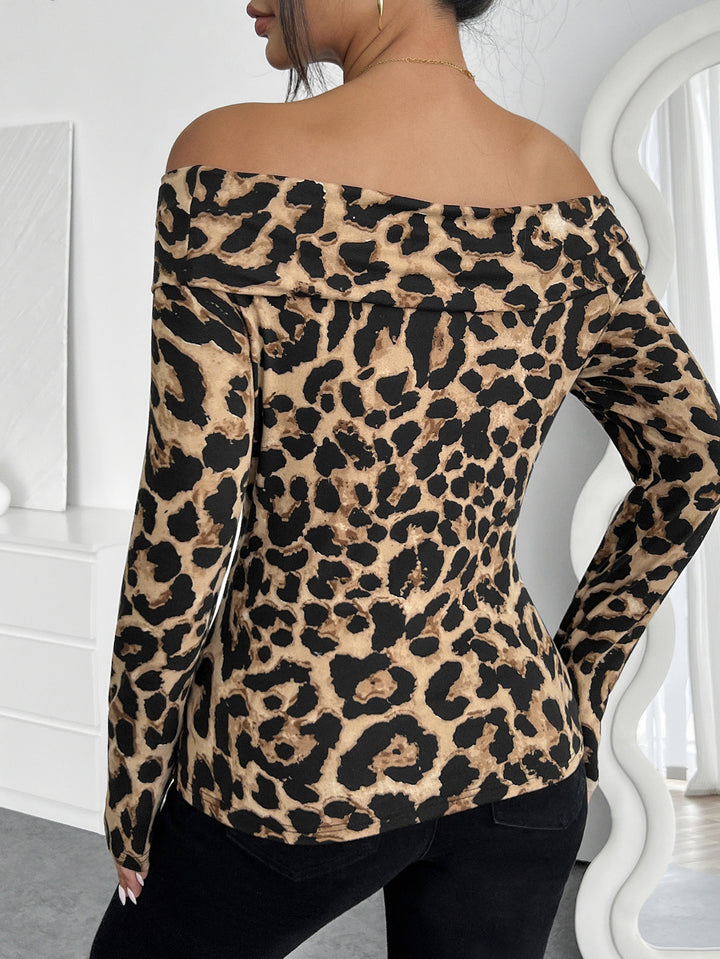 Brown Abstract Print Full Sleeve Off Shoulder Top