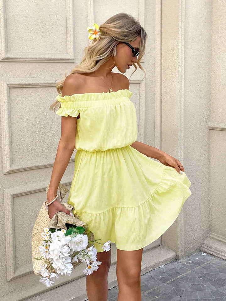Yellow Off Shoulder Tiered Dress