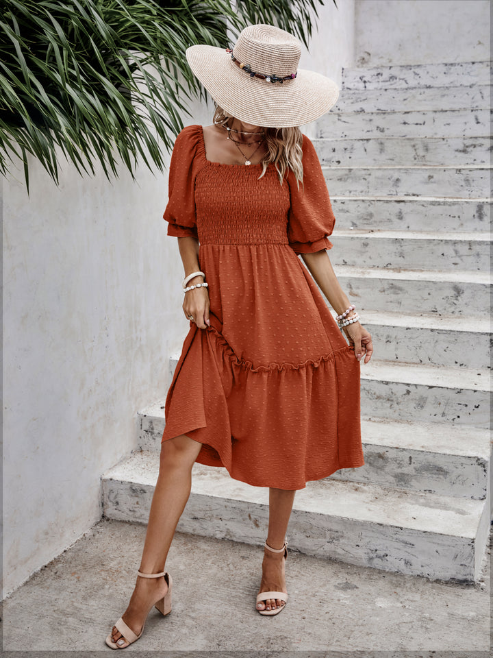 Orange Smocked Tiered Solid Dress