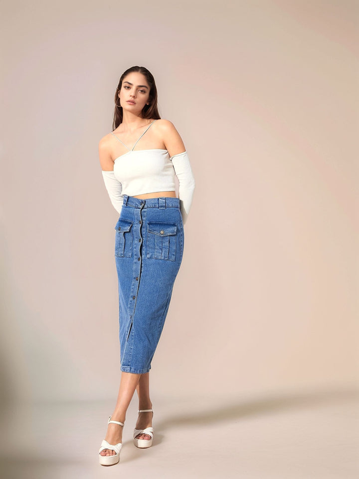 Blue High Waist Front Slit Denim Skirt