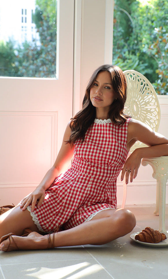Red Checkered High Neck Romper
