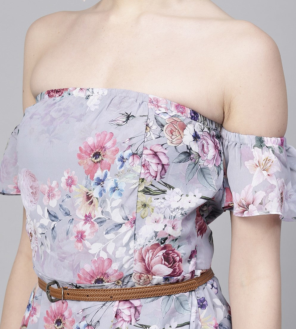 Grey Off Shoulder Front Slit Printed Dress