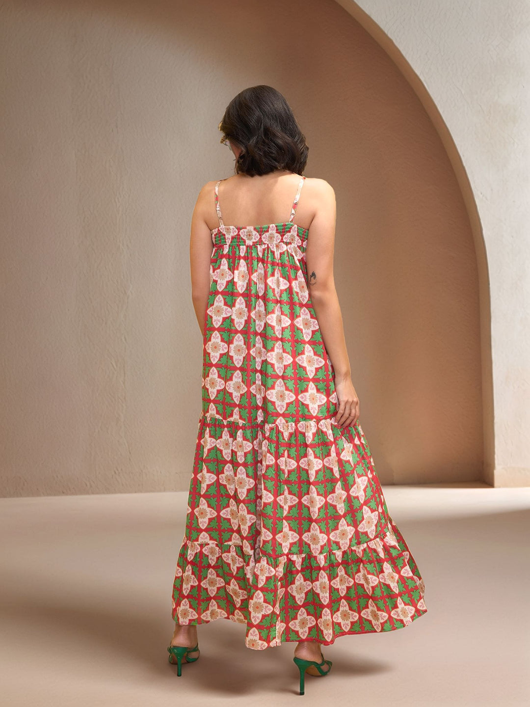 Green Spaghetti Strap Abstract Printed Dress