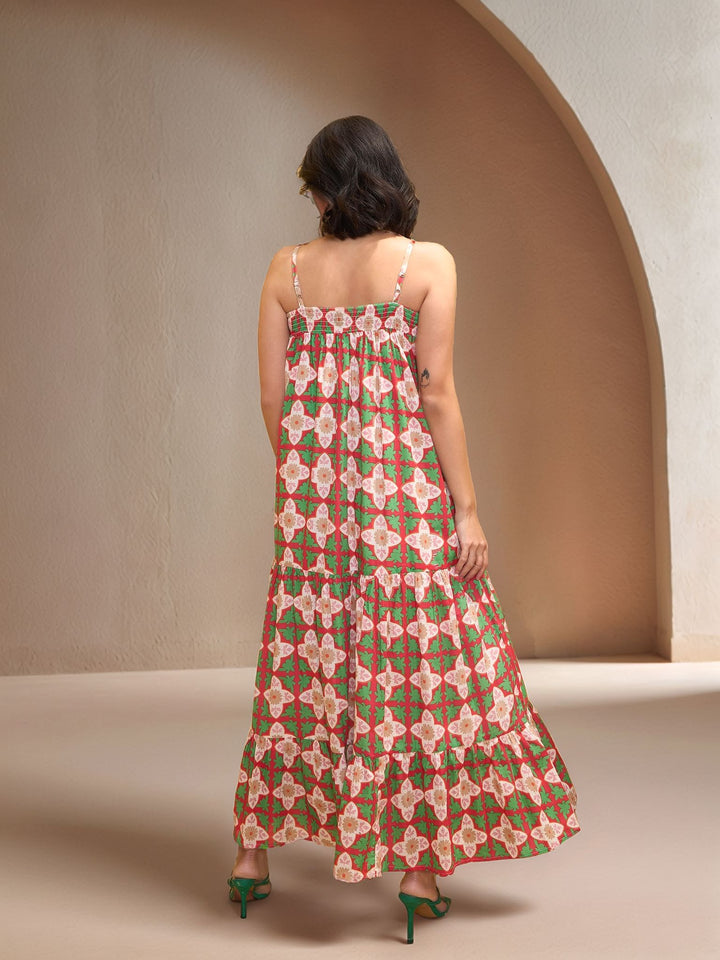 Green Spaghetti Strap Abstract Printed Dress
