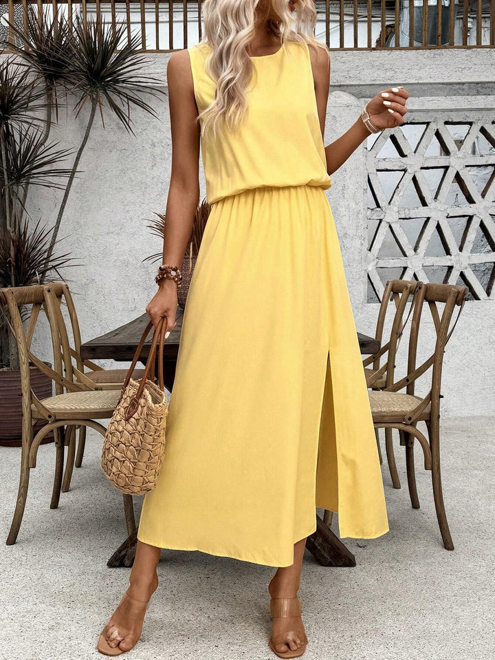 Yellow Half Sleeved Relaxed Fit Slit Dress