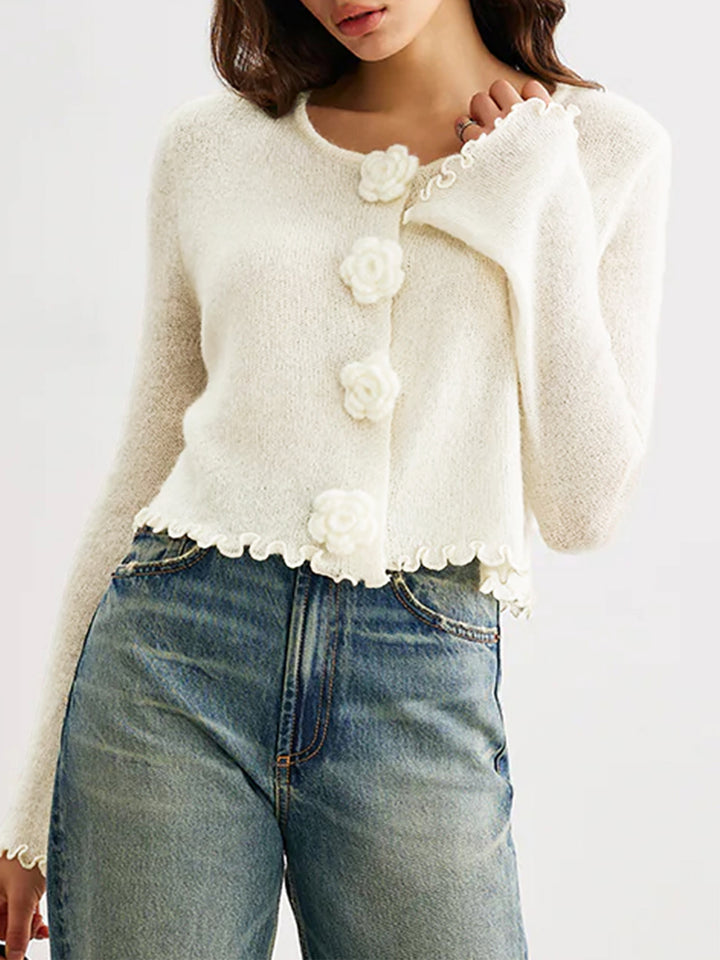 Off White Full Sleeves Flower Button Solid Cardigan