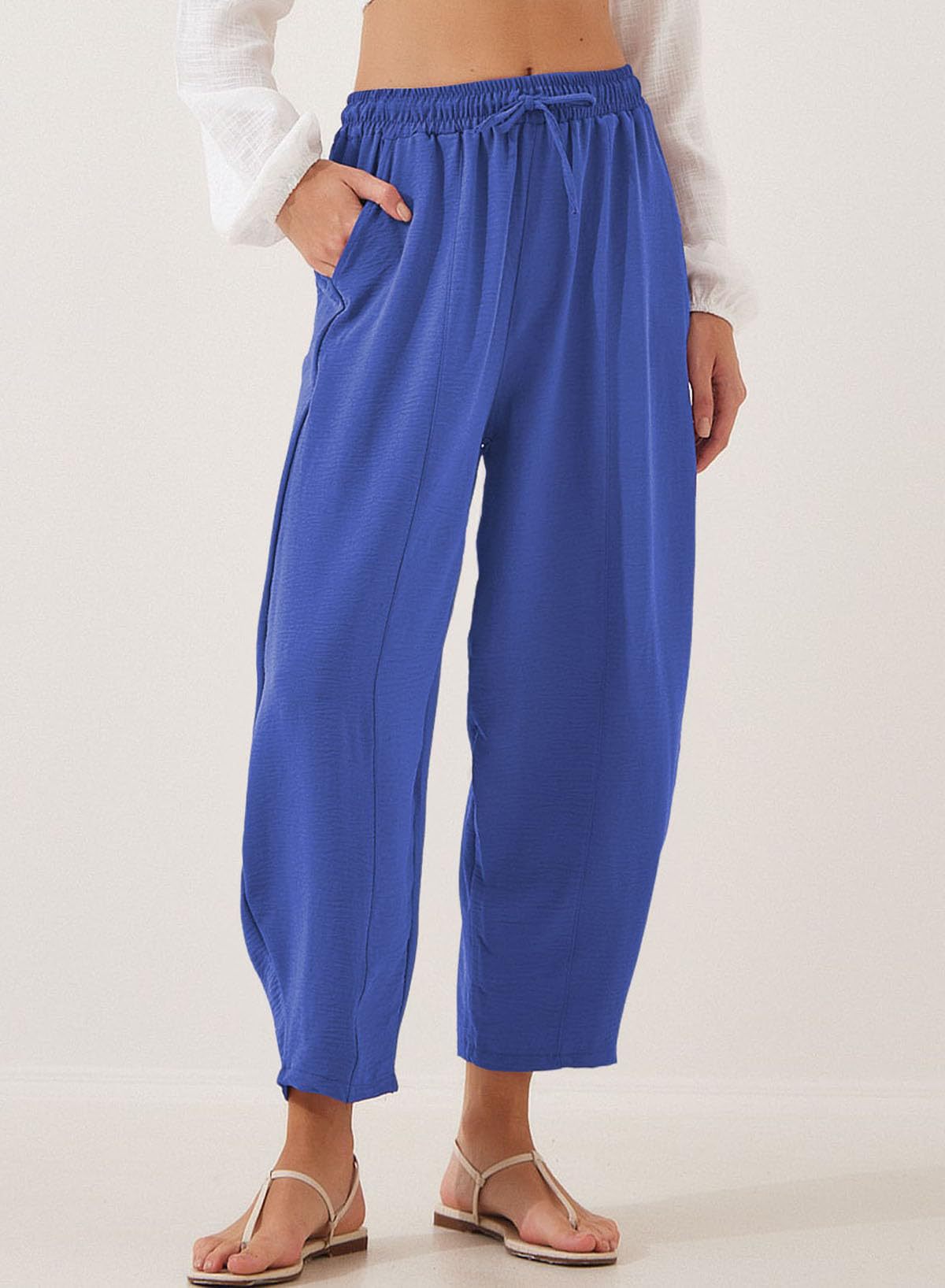Blue Elasticated Waist Band Wide Leg Trouser