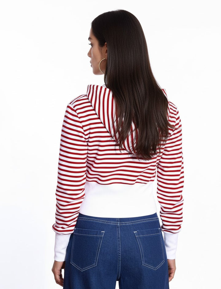 Red Full Sleeve Striped Hooded Jacket