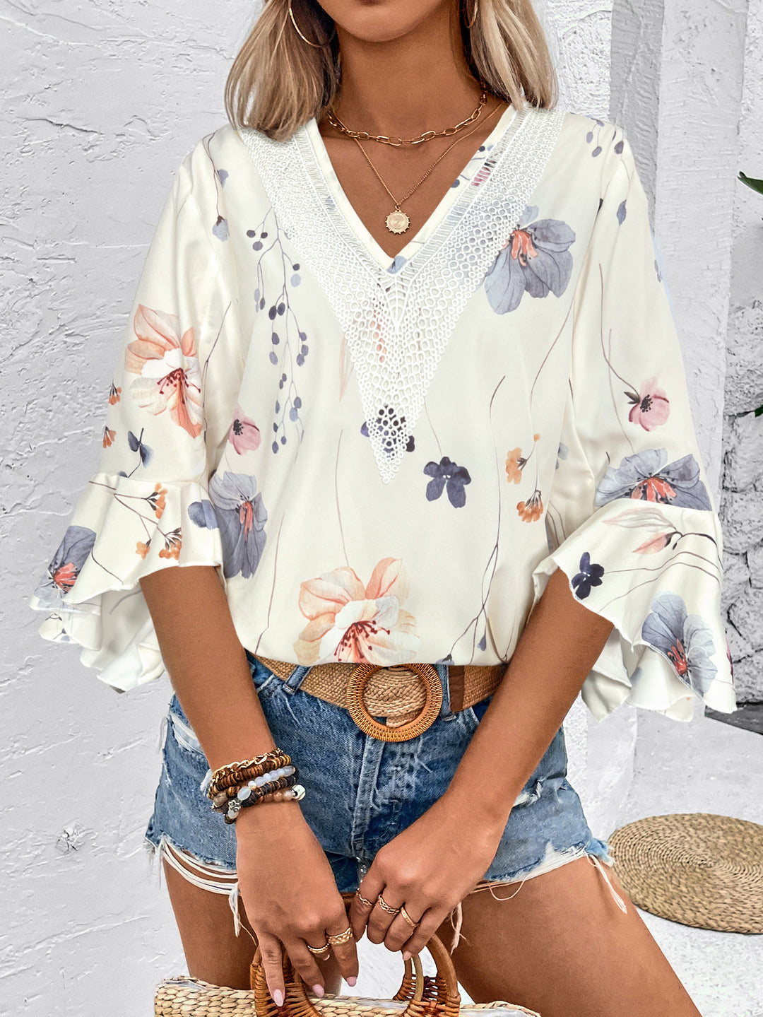 Cream Printed V Neck Top